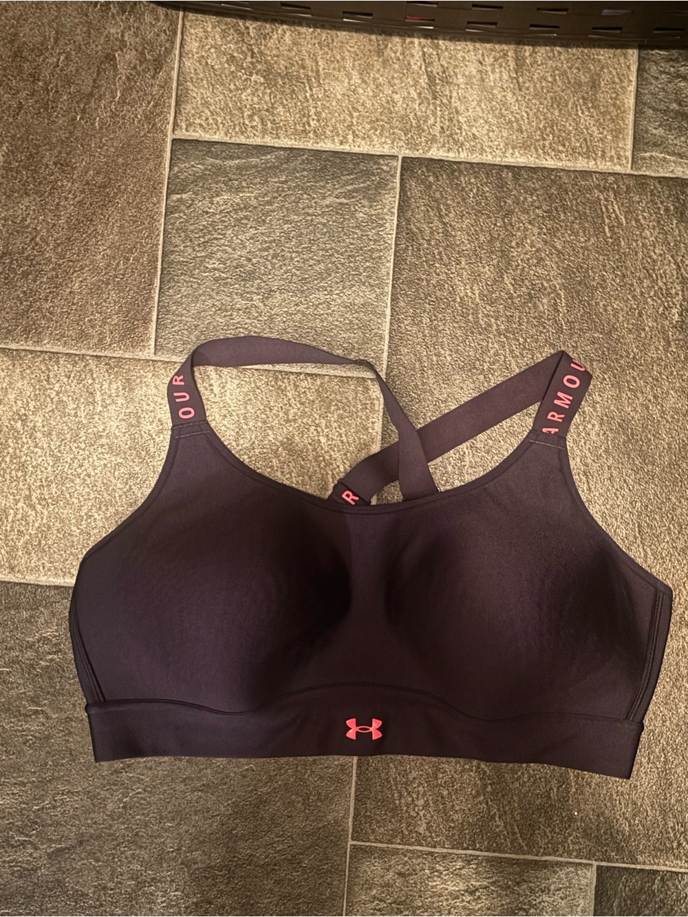 Under Armour Women's Purple Cross-Back Medium-Support Sports Bra with Pink Logo